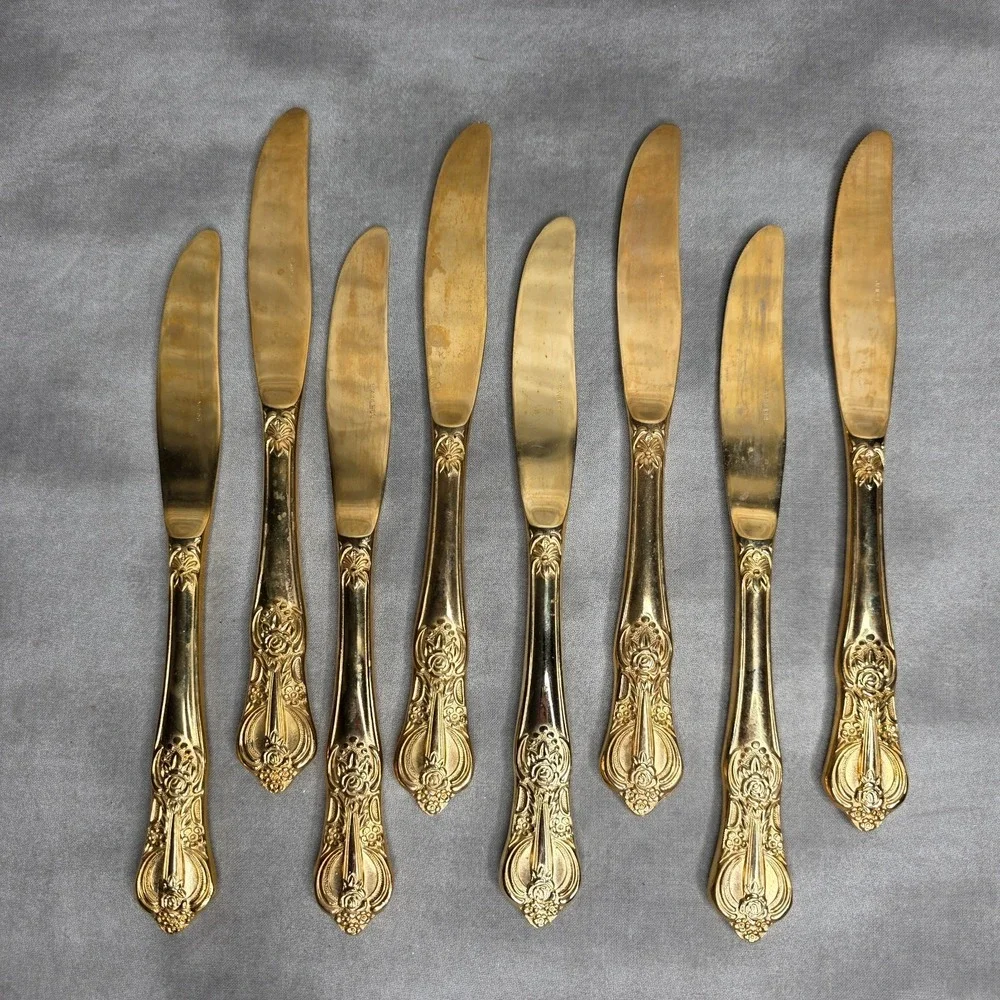 (X8) Hanford Forge Princeton Gold Electroplate Dinner Knives 8.5